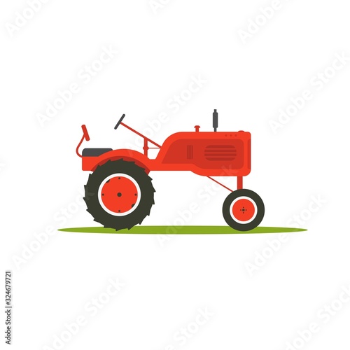 Flat tractor on white background. Red vintage tractor icon. Agricultural equipment. photo