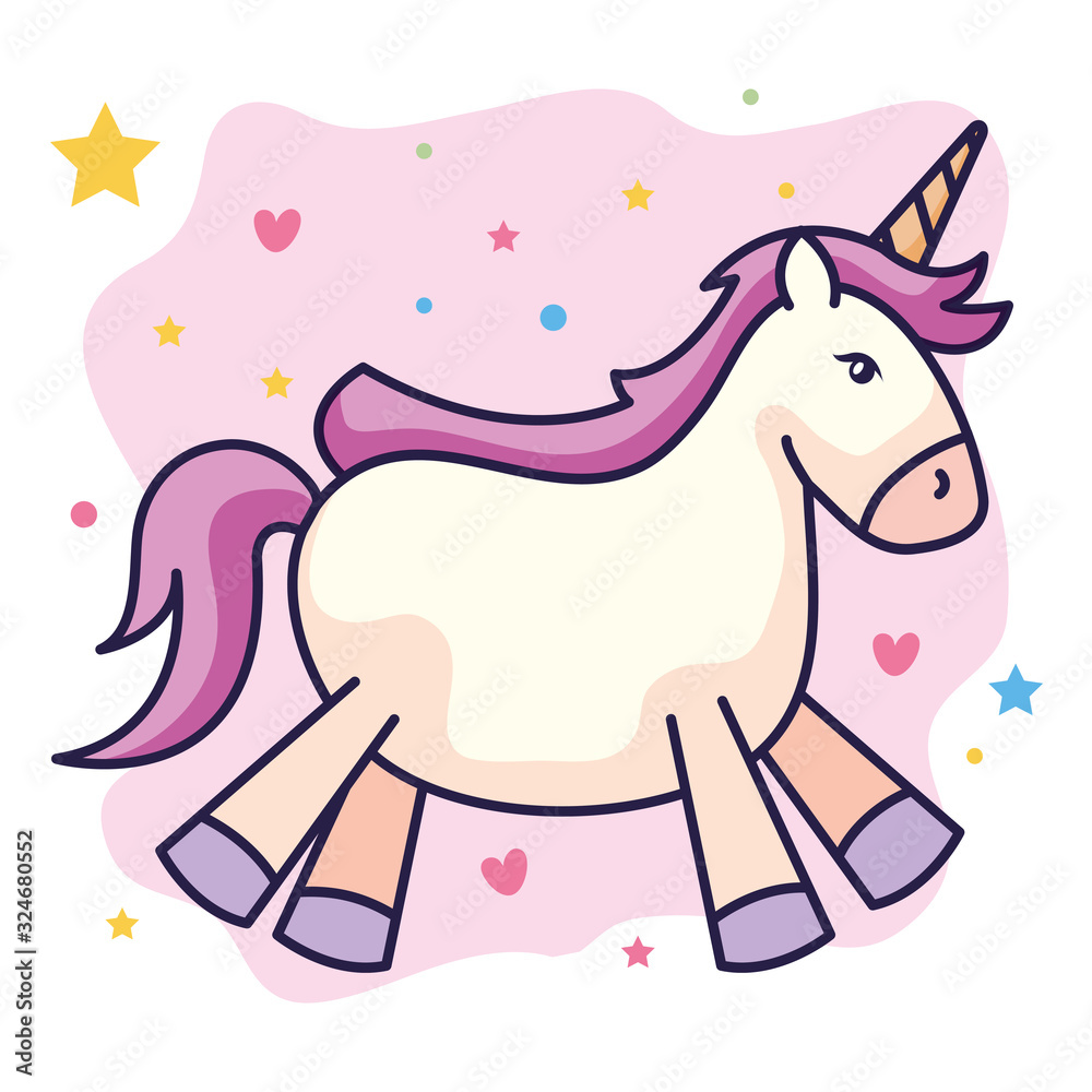 cute unicorn fantasy with hearts and stars decoration vector illustration design
