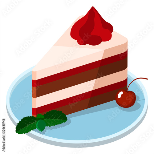 Delicious cake with cherries and mint. Isometric vector illustration on a white background.