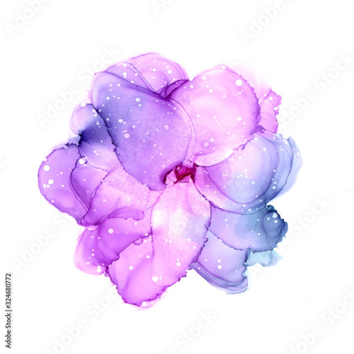 Delicate hand drawn watercolor flower in violet and pink tones. Alcohol ink art. Raster illustration.