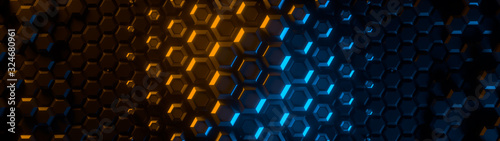 Abstract bright creative wide background. Modern clean minimalistic design. Hexagonal geometric structure  honeycomb surface  top view. Cell elements pattern. 3d rendering