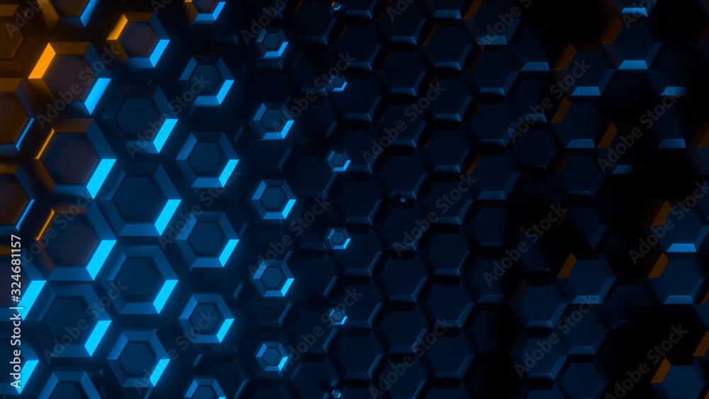 Abstract bright creative background. Modern clean minimalistic design. Hexagonal geometric structure, honeycomb surface, top view. Cell elements pattern. 3d rendering