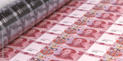 China 100 Yuan banknotes printing with money press. China economy corona virus impact, banking, finance, stock market affected by coronavirus covid-19, China Yuan sheet business design background