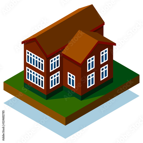 Isometric red house on green land. Isolated on white. Vector illustration.