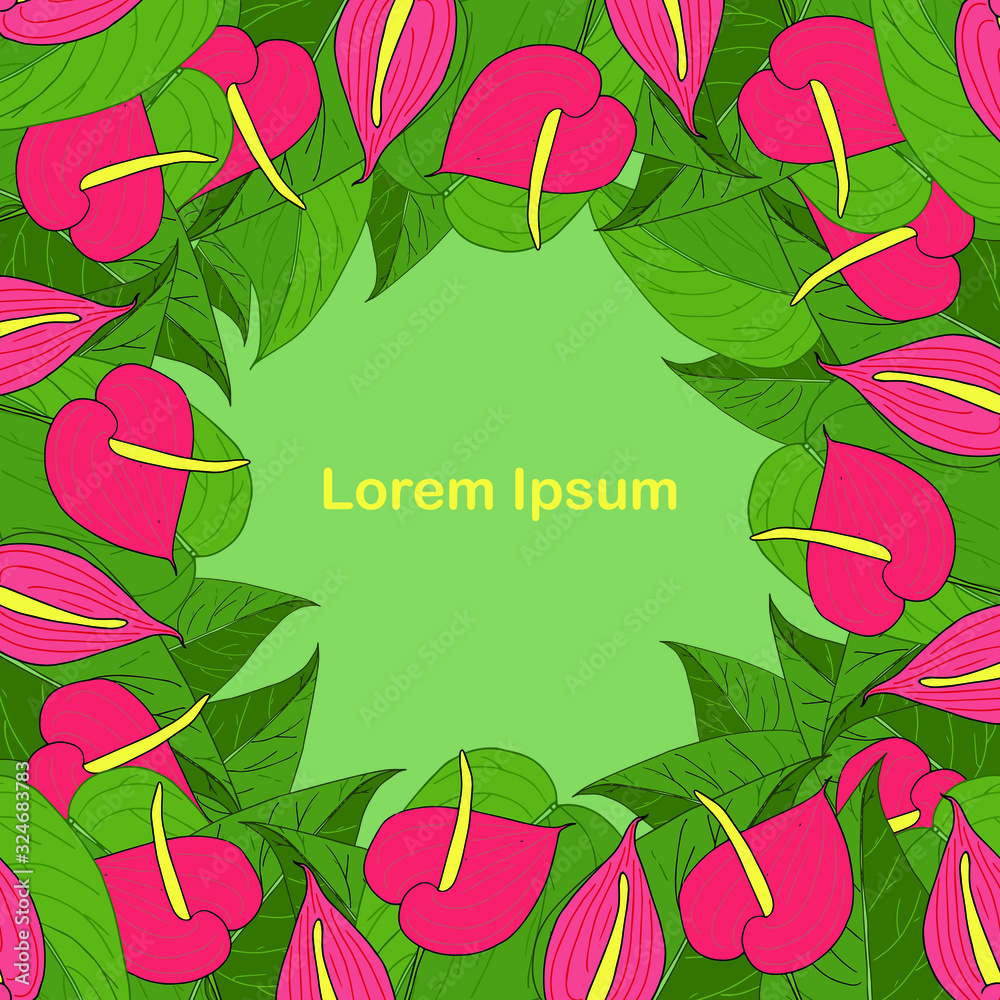 Anthurium red flovers, green leaves, Lorem Ipsum background. Art design element stock vector illustration for web, for print, for cover, for fabric print