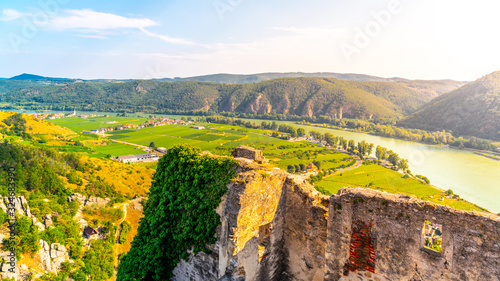 Scenic aerial view of Wachau Valley and Danube River from Durnstein Castle ruins  Austria