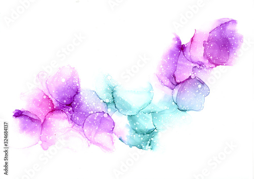 Colorful abstract hand drawn watercolor or alcohol ink background in pink, violet and turquoise tones.
