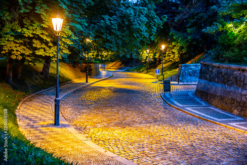 Cobbled street illuminated by street lamps by night. Vysehrad, Prague, Czech Republic photo