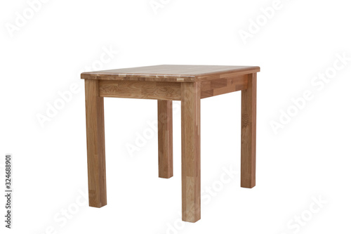 Wooden table made of oak furniture board. Kitchen dining table, on white background.