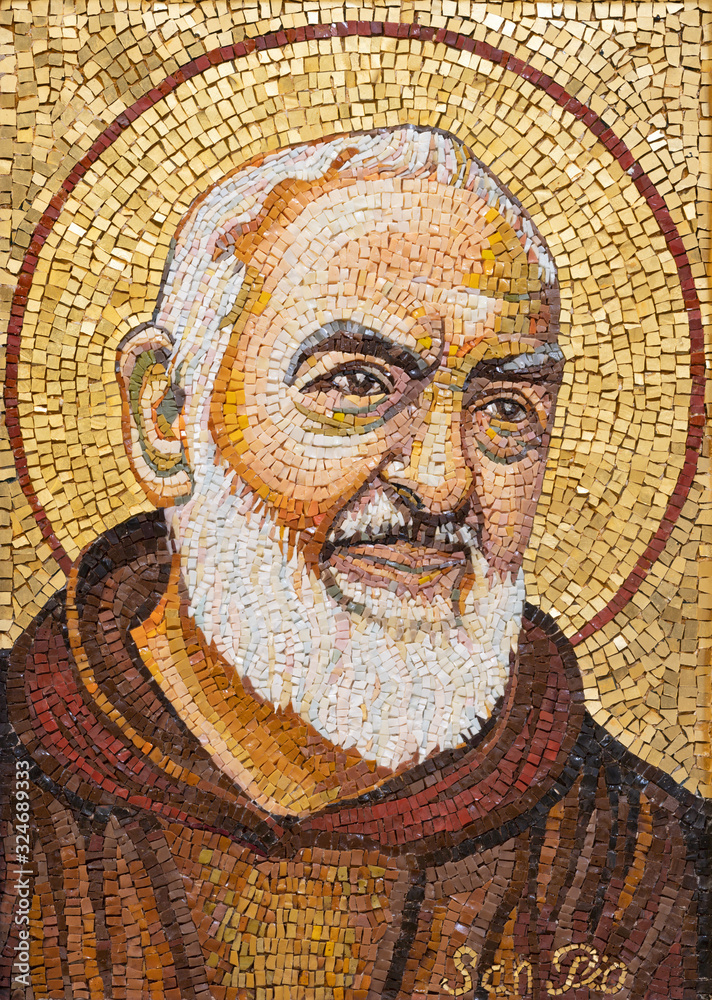 RAVENNA, ITALY - JANUARY 28, 2020: The mosaic of Pater Pio from the chruch Chiesa di Santa Maria Maddalena.