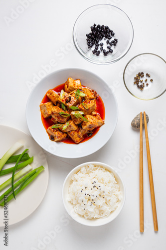 mapo tofu Chinese cusine Sichuan spicy rice meal bean sauce 