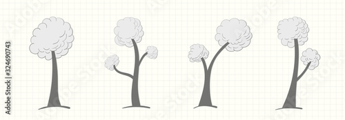 Set of trees of different shapes in a gray tone in vintage style on a notebook page on a light background