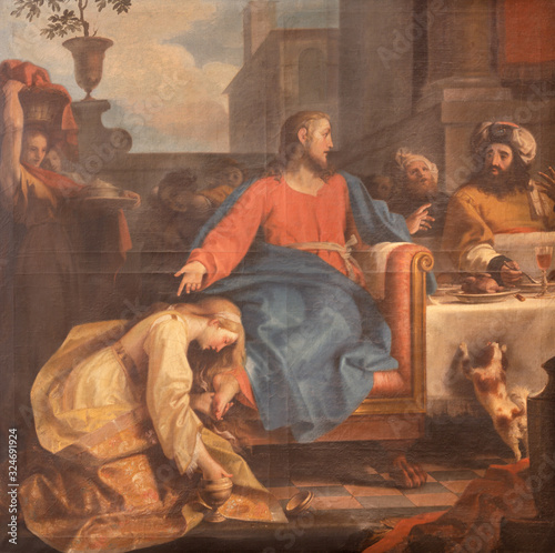 Photography RAVENNA, ITALY - JANUARY 28, 2020: The painting of scene The Supper Of Jesus By Simon The Pharisee from the chruch Chiesa di Santa Maria Maddalena by Tommaso Maria Sciacca (1734 - 1795)