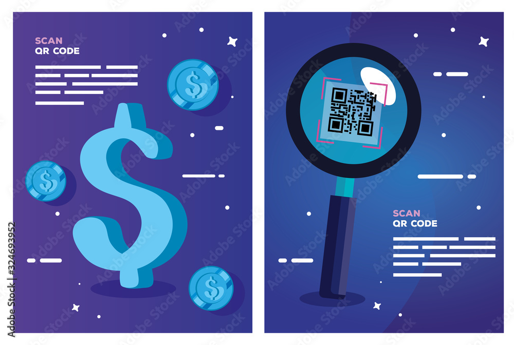 Fototapeta premium set poster of scan code qr and icons vector illustration design