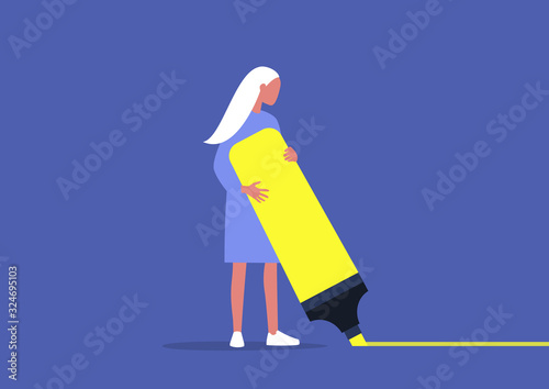 Young female character drawing with a huge highlighter, underlining the text, millennials at work