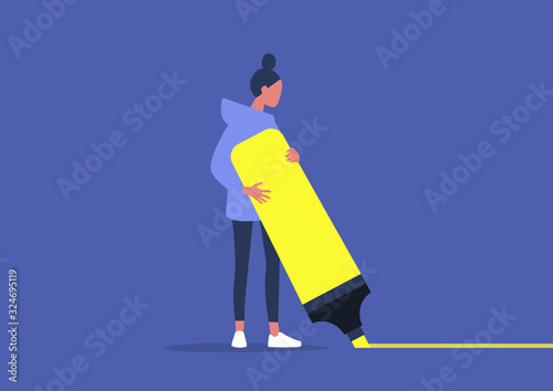 Young female character drawing with a huge highlighter, underlining the text, millennials at work
