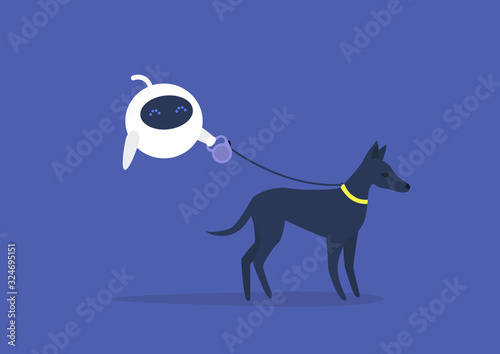 Cute domestic robot walking a dog on a leash, Home assistant, Artificial intelligence, Futuristic technology