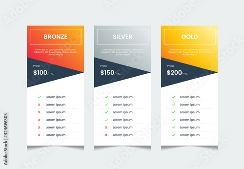 price list table template with 3 columns, web price ui. comparative table of product, infographic table layout vector.