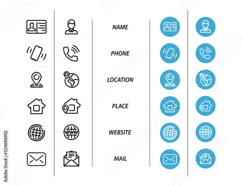 Business Card Icons. Contact us icons. Business Card contact information icons. Vector Thin Line symbols set. Web icon mobile, email, location, address, Website icon set