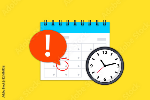 Calendar and clock icon. Calendar date deadline notification. Appointment, schedule, important date. Time and date. Deadline on a calendar, event notification. Event reminder scheduled on agenda
