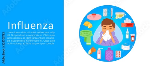 Influenza and sick boy with handkerchief in hand and medicine treatment for flu cartoon vector illustration. Season cold influenza medical home treatment items for desease and fever.
