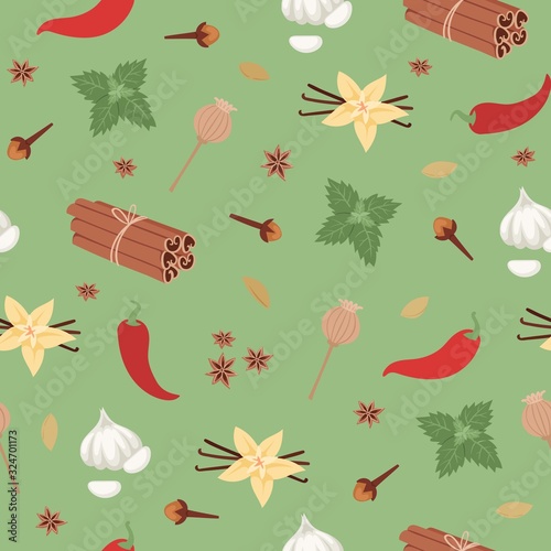 Spices seamless pattern spicy aroma and flavor ingredient of food condiments vector illustration. Cinnamon, cloves, pepper and curcuma, vanilla spices background.