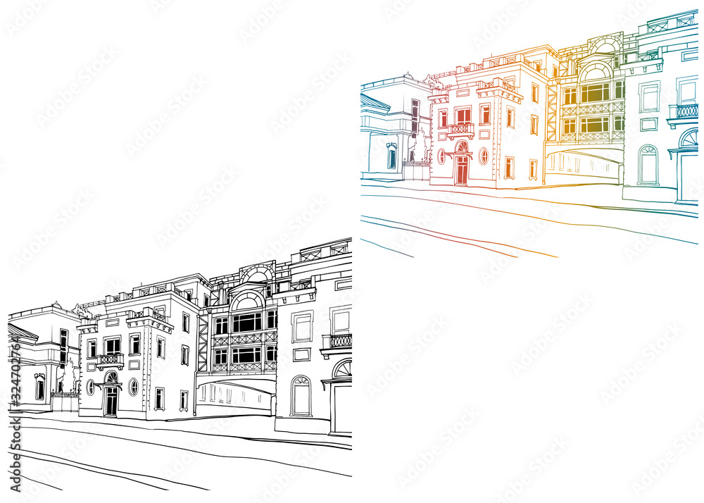 Beautiful street of old Moscow. Colorful and Black and White sketch. Line Art. Trendy vector illustration on white background. Without people