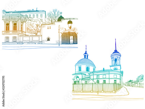 Urban landscapes with the old church. Nice views of the old Moscow. Hand drawn line art. Colorful vector illustration on white background. Without people