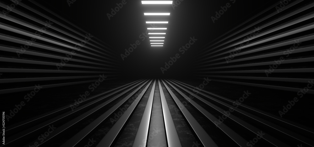 Obraz premium Dark corridor with white neon lights on a black background. 3d rendering image.