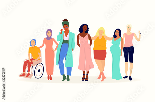 Set of diverse women characters body strong , equal rights, ethinicities and backgrounds, flat vector cute colourful fun style banner text concept for lifestyle, magazine, international womens day