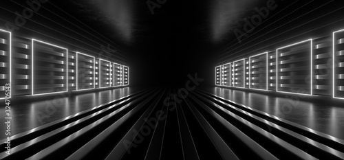 Fototapeta Naklejka Na Ścianę i Meble -  Dark corridor with white neon lights on a black background. 3d rendering image.
