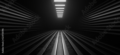 Fototapeta Naklejka Na Ścianę i Meble -  Dark corridor with white neon lights on a black background. 3d rendering image.