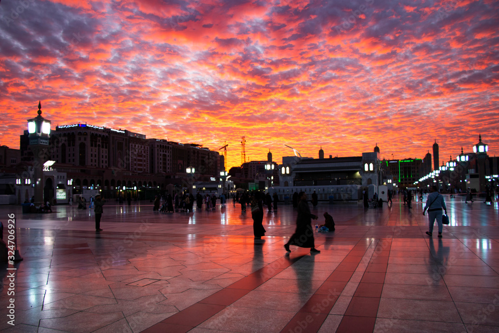 Al Masjid an Nabawi mosque beatuful sunset cloudy - Medina Saudi Arabia 6 jan 2020