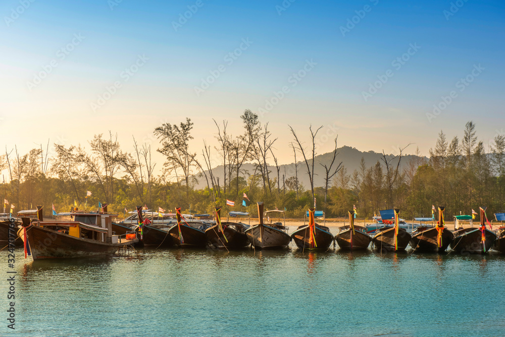 Traditional thai boats at the beach of Krabi province,Thailand.