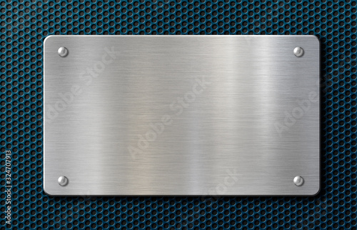 metal plaque or plate with rivets over blue background 3d illustration