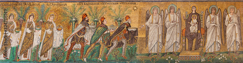 RAVENNA, ITALY - JANUARY 28, 2020: The mosaic of Tree Magi scene from church Basilica of Sant Apolinare Nuovo from the 6. cent.