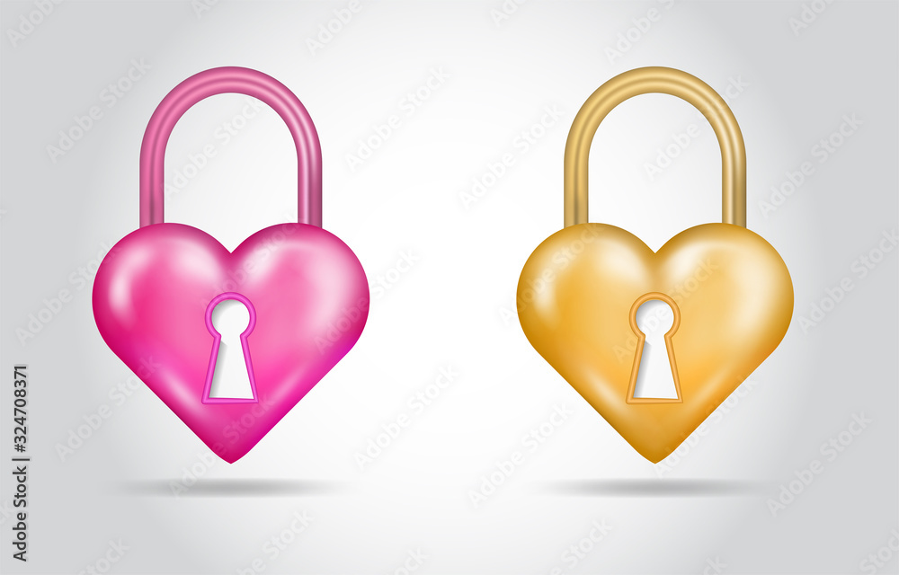 Padlock heart shaped vector set isolated on white background. Pink, golden metal. Symbol of broken heart, bad experience, unhappy marriage, codependent or neurotic relationships. Agency poster ads. Padlock heart shaped vector set isolated on white background. Pink, golden metal. Symbol of broken heart, bad experience, unhappy marriage, codependent or neurotic relationships. Agency poster ads.