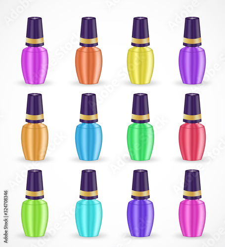 Nail polish glass bottles set isolated on white background. 3d glamorous containers, cosmetic multi colored enamels. Copy space for branding. Manicure fingernail varnish containers with caps for ads.