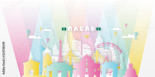 Macau Travel postcard  poster  tour advertising of world famous landmarks in paper cut style. Vectors illustrations