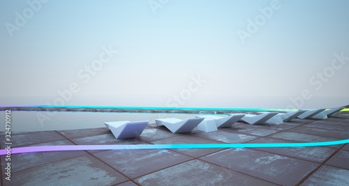 Abstract architectural concrete and rusted metal of a modern villa with colored neon lighting. 3D illustration and rendering. © SERGEYMANSUROV