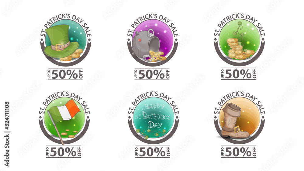 St Patricks day sale up to 50 percent off large set of round discount banners with spring icons isolated on a white background St Patricks day sale up to 50 percent off large set of round discount banners with spring icons isolated on a white background
