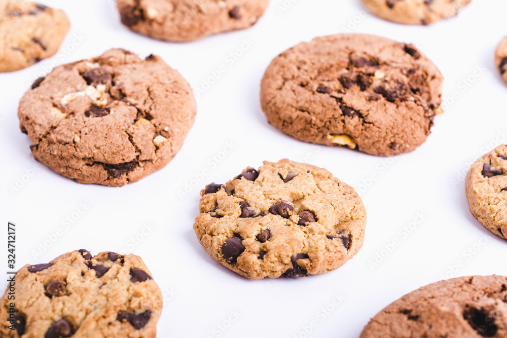 Homemade sweet chocolate chip cookies isolated on white background