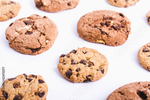 Homemade sweet chocolate chip cookies isolated on white background