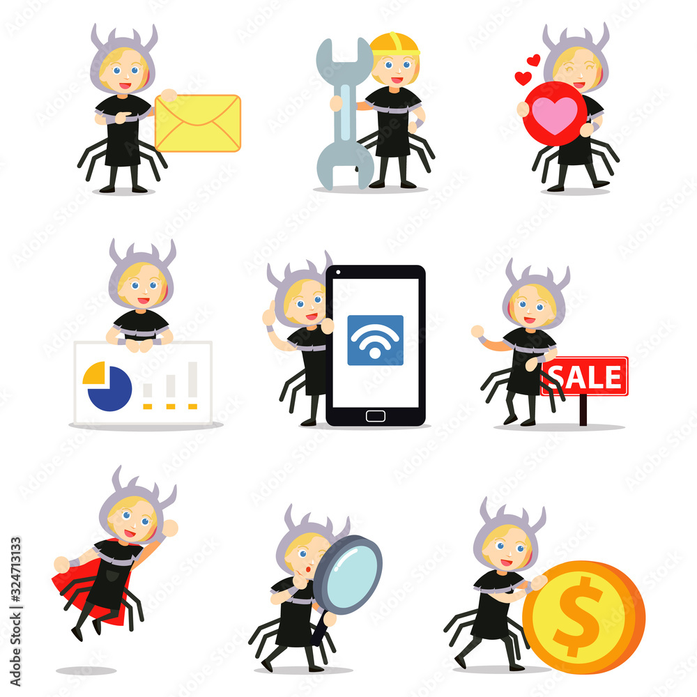 Set character of spider woman in animal comic story. Set character of spider woman in animal comic story.