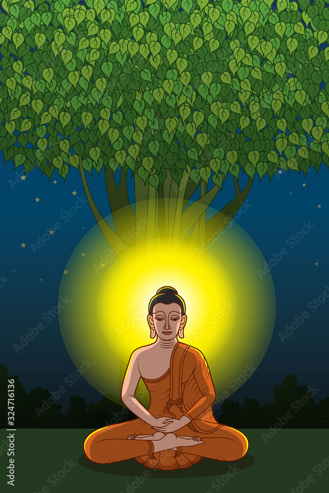 Buddha meditating under Bodhi tree at midnight