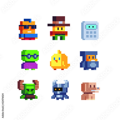 Abstract video game characters, cute creatures set, pixel art style icons, cool guy, robot, calculator, little monster, dog, chick, element design for logo, app, web, sticker. Isolated vector. © thepolovinkin