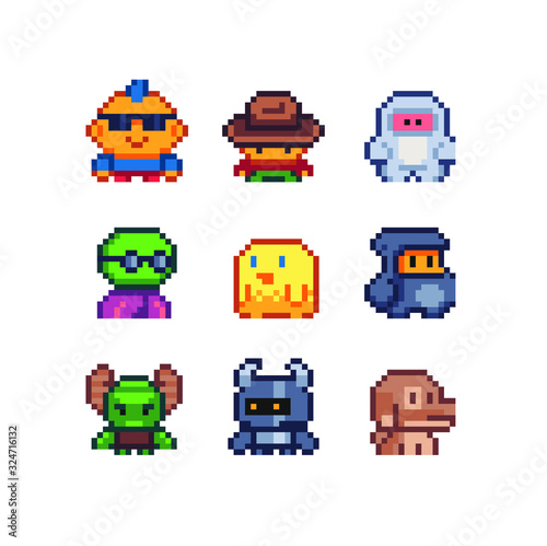 Abstract video game characters, cute creatures set, pixel art style icons, cool guy, little monster, dog, chick, element design for logo, app, web, sticker. Isolated vector illustration.