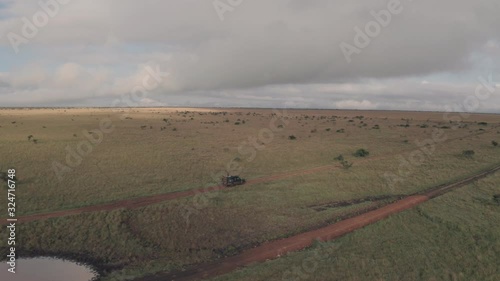 Elephant sighting while on wildlife safari in Laikipia, Kenya. Aerial drone view photo