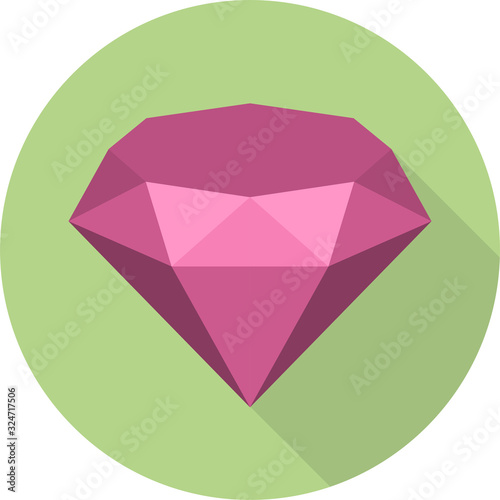 Vector flat pink diamond icon, isolated on a green background.