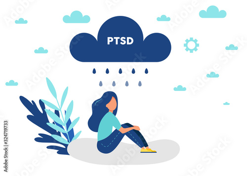 Post traumatic stress disorder. Depressed woman crying. .Vector illustration.